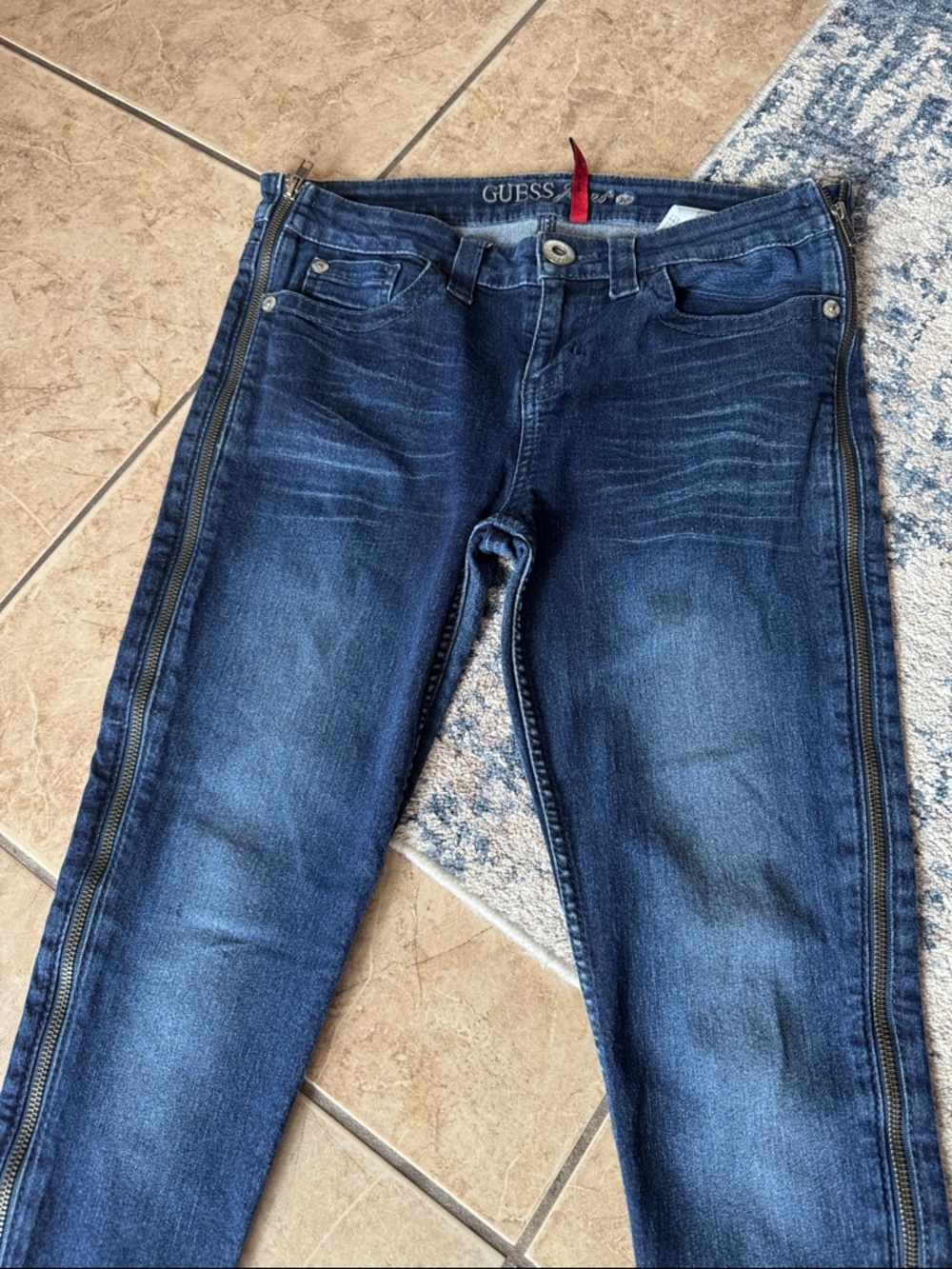 Guess Vintage 1981 Blue Dark Wash Skinny Jeans with Side Zippers
